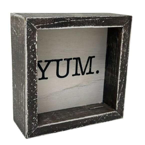 Rustic Yum Block Sign 5in Free Standing Distressed White Brown Kitchen Decor - Picture 2 of 8